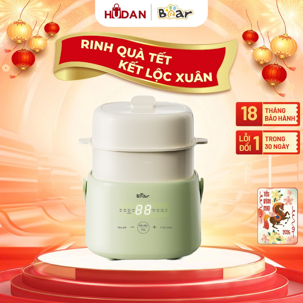 Nồi nấu cháo chậm Bear SC-4H10E 1L có lồng hấp Tiếng Việt bảo hành 18 tháng
