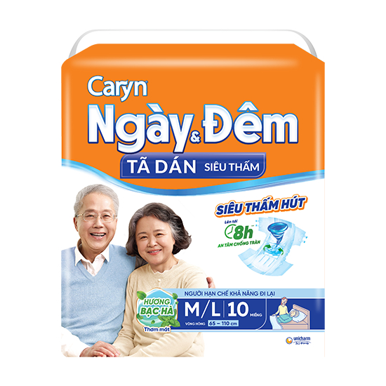 Tã Dán Caryn Người Lớn Người Già Ngày Đêm Size M L 10 Miếng Hương Bạc Hà siêu thấm hút đến 8 giờ