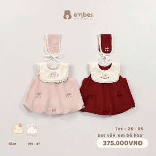   BST TẾT 2026  Set Váy Bí Kèm Băng Đô Thêu Hoa Đào Hoa Mai Cho Bé Gái Diện Lễ Tết Size Từ 8-18Kg 