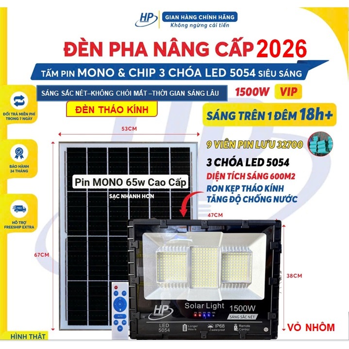 Đèn Pha Led Năng Lượng Mặt Trời 1500w, 1000w, 800w, 300w,200W,100W,IP68,Vỏ Nhôm Đúc, Sáng Liên Tục