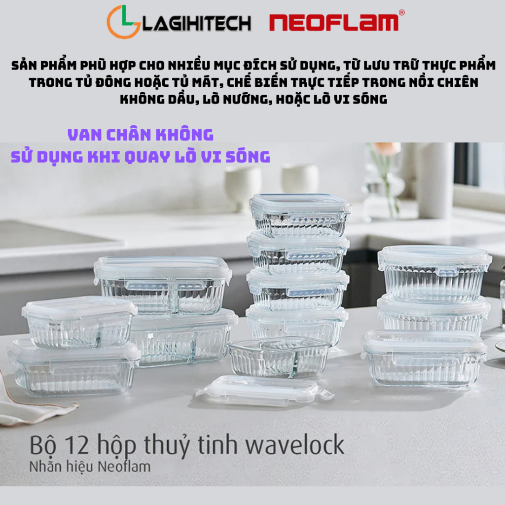 Hộp đựng thực phẩm Neoflam bộ 12 hộp thuỷ tinh wavelock,dùng được trong lò nướng,vi sóng,nồi chiên không dầu-Chính hãng