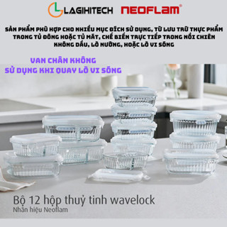 Hộp đựng thực phẩm Neoflam bộ 12 hộp thuỷ tinh wavelock,dùng được trong lò nướng,vi sóng,nồi chiên không dầu-Chính hãng