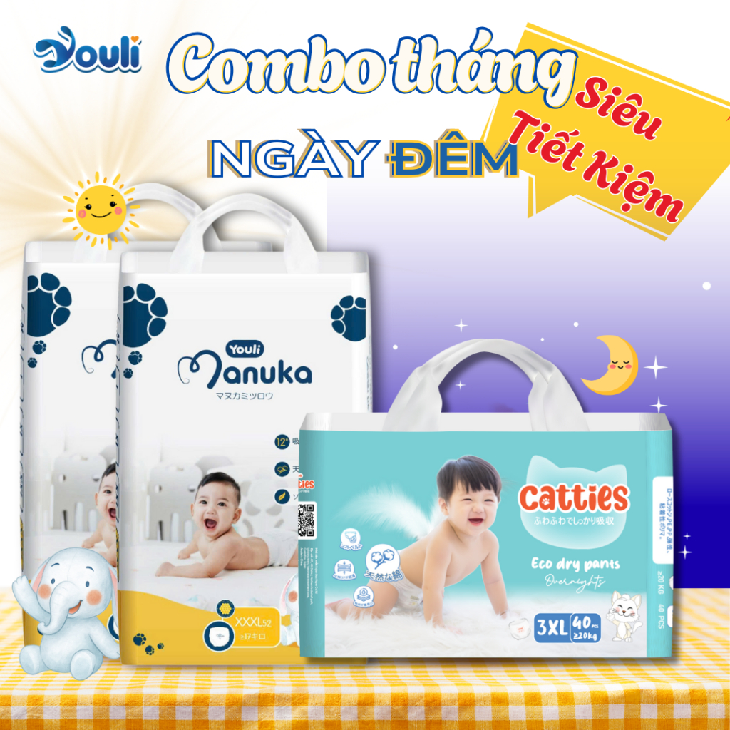 Combo Tháng Tiết Kiệm Tã/ Bỉm YOULI Ngày MANUKA và Đêm CATTIES Thoáng Ban Ngày – Khô Lâu Ban Đêm