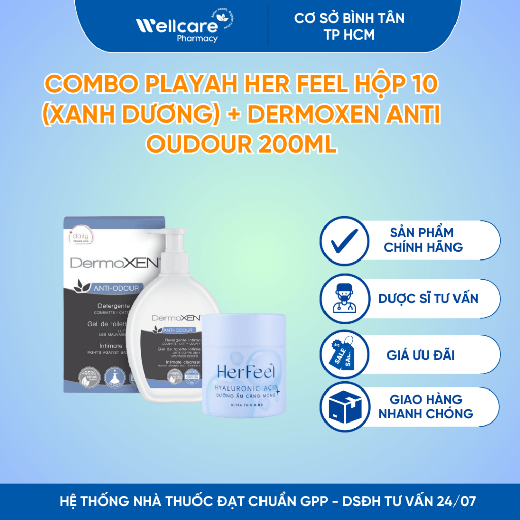Combo PlayAh Her Feel Hộp 10 (xanh dương) + Dermoxen Anti Oudour 200ml