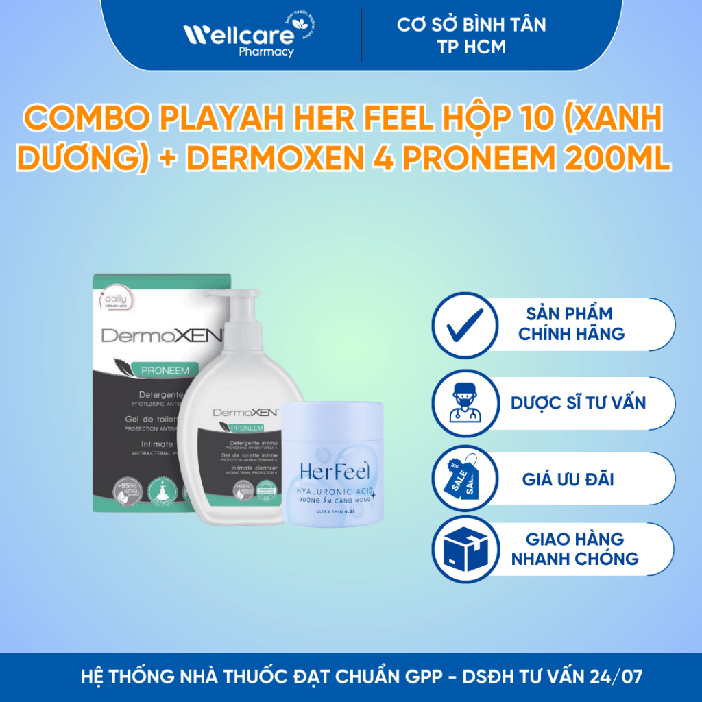 Combo PlayAh Her Feel Hộp 10 (xanh dương) + Dermoxen Proneem 200ml