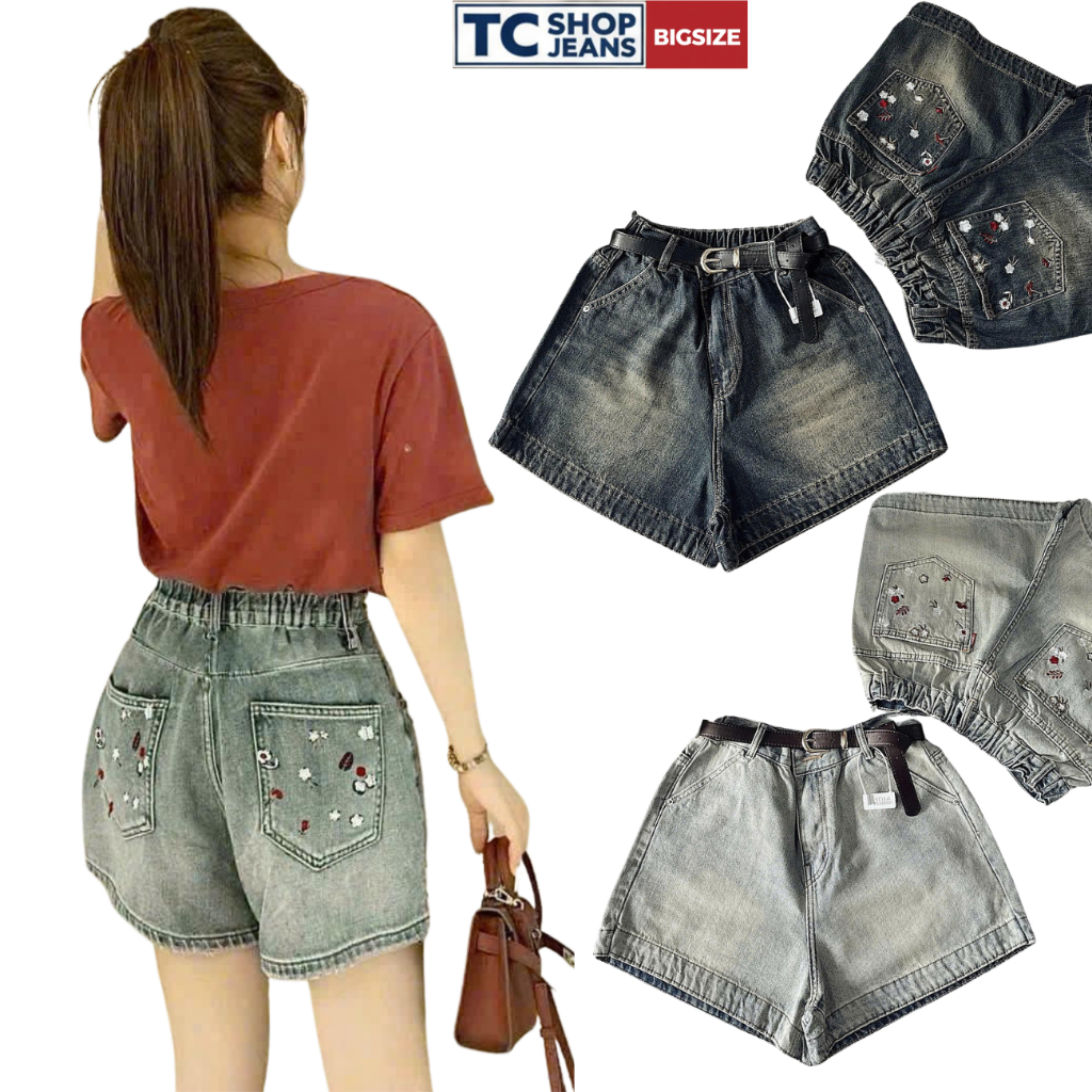 Quần Short Jean Nữ Lưng Chun Thêu Hoa TC SHOP JEANS BIGSIZE 55kg-90kg Chất Jean Mang Đi Dạo QC Mã  1