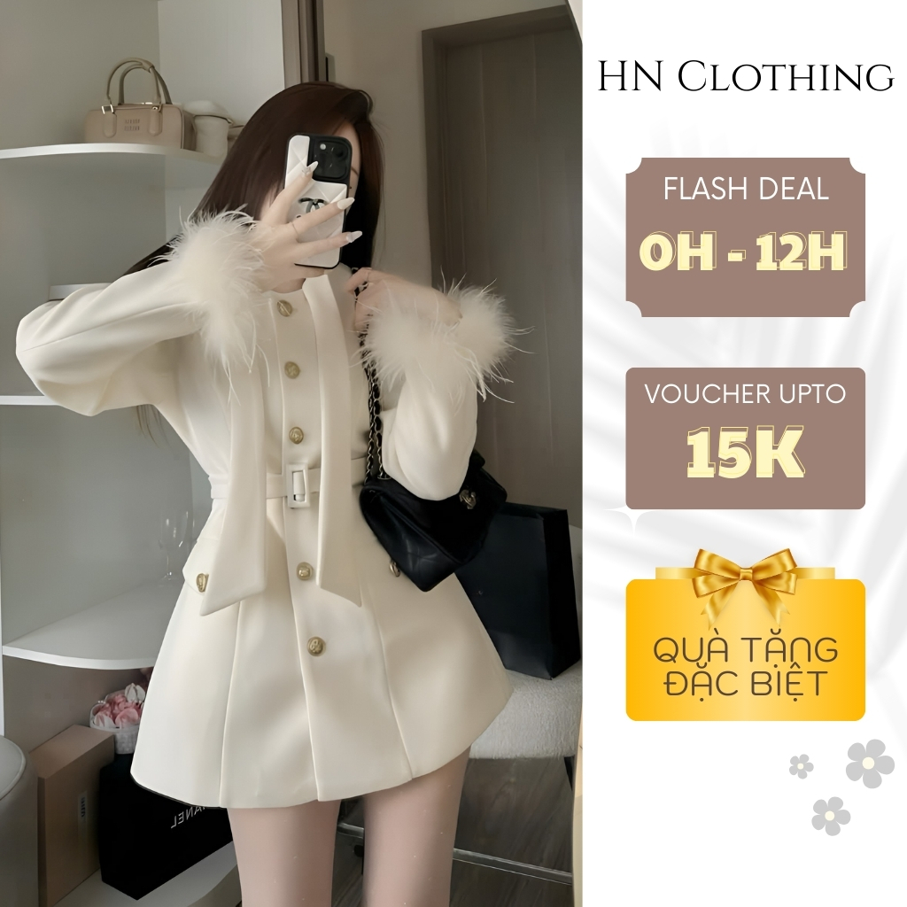 Set áo khoác dạ nữ cao cấp phối lông sang trọng kèm chân váy ngắn form tôn dáng HN Clothing S140