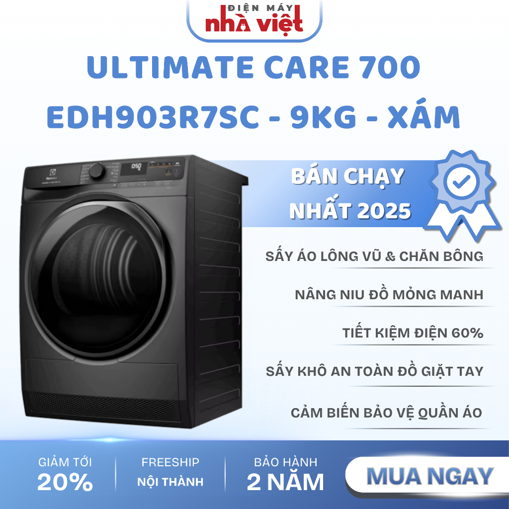 [EDH903R7SC] - Máy sấy quần áo Electrolux bơm nhiệt 9kg UltimateCare 700 Xám