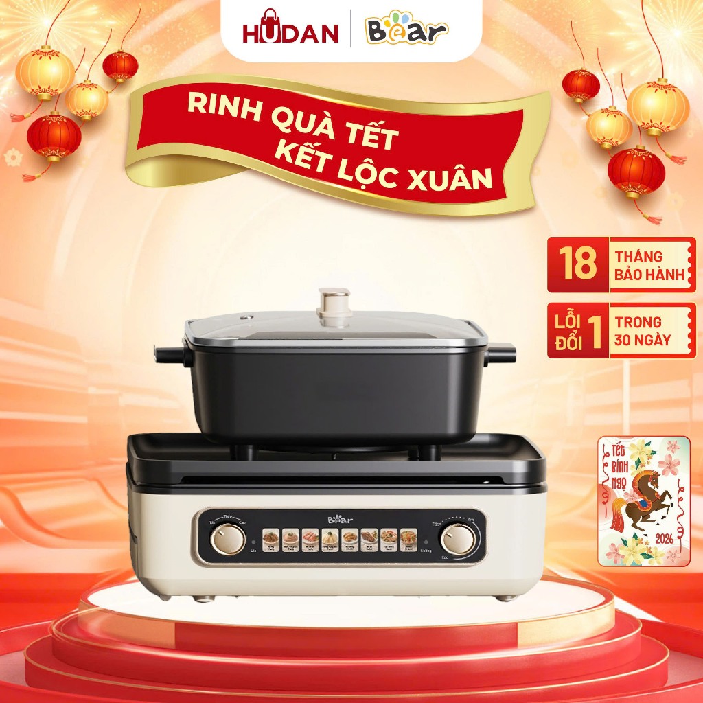 Nồi lẩu nướng BEAR 4L GR-5H22R83 Tiếng Việt Chiên Xào Áp chảo + Lẩu 2in1 BH 18 tháng