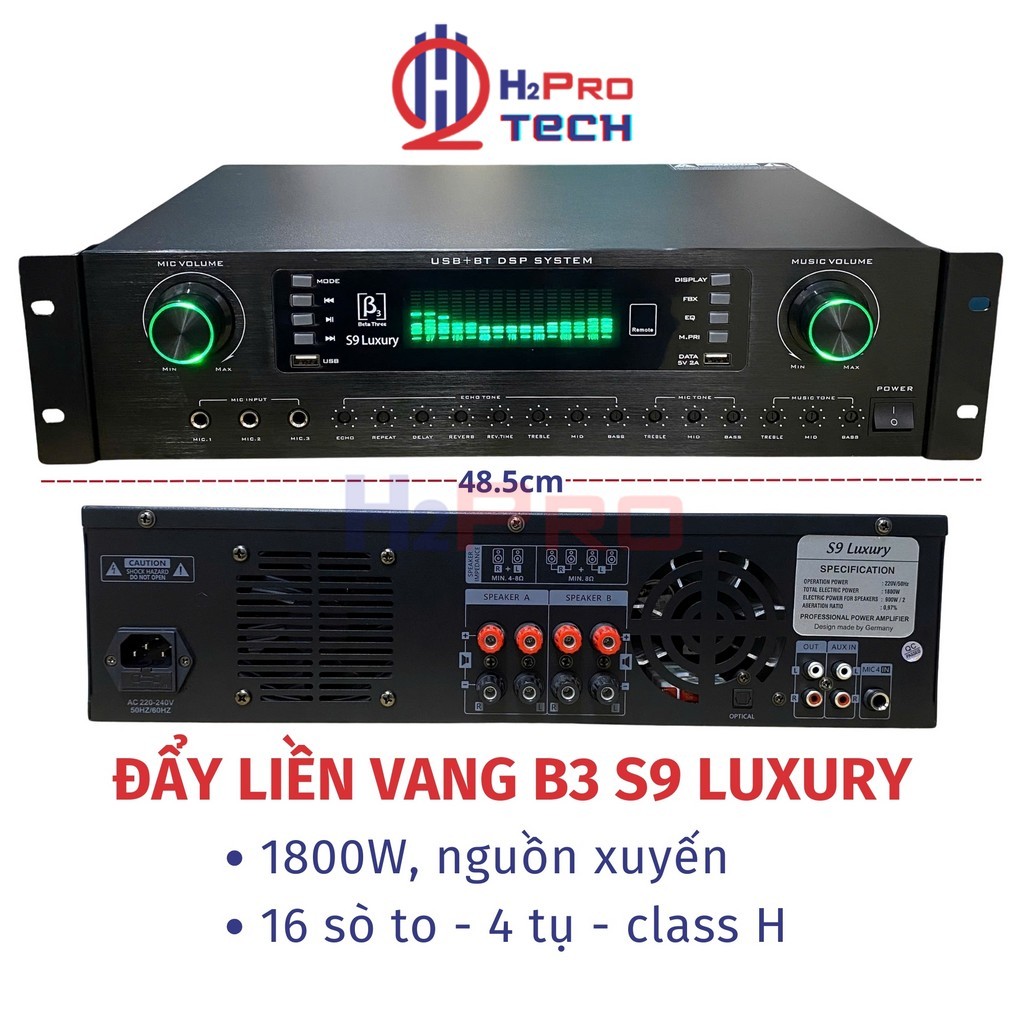 Cục Đẩy Liền Vang B3 S9 Luxury 2 Kênh 1800W- Xuyến Đồng Tải 2 Cặp Full 30, Chống Hú, Bluetooth-H2Pro