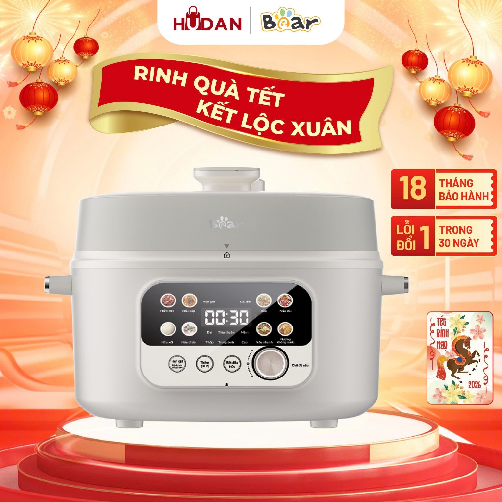 Nồi áp suất BEAR 4L SB-AS40W Tiếng Việt 8 Chế Độ Ninh Hầm Lẩu Nướng Sôi Nhanh Chống Dính An Toàn Dễ