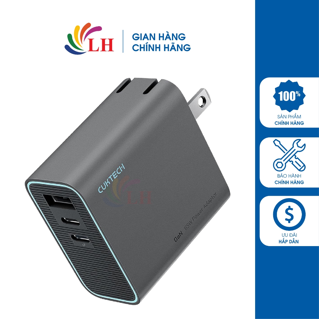 Cốc sạc Cuktech GaN 1USB 2Type-C 65W AD653C - Hàng chính hãng