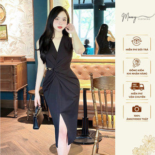 Đầm Nữ Sát Nách Cổ V Thiết Kế Xoắn Bụng Xẻ Tà Ôm Body Khuy Eo Chất Liệu Umi Hàn Co Giãn Sz 40-65Kg
