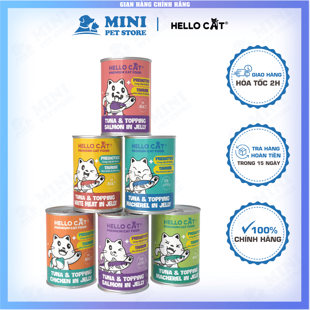 Pate Cho Mèo Hello Cat Tuna Thức Ăn Cho Mèo Mọi Lứa Tuổi Trong Thạch Lon 400g