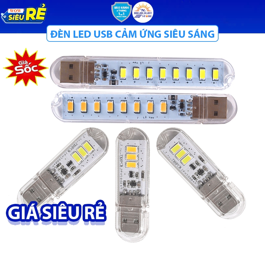 Thanh Đèn LED Mini Cảm Ứng 3 Bóng, 8 Bóng Siêu Sáng Highlight Store Cổng Cắm USB