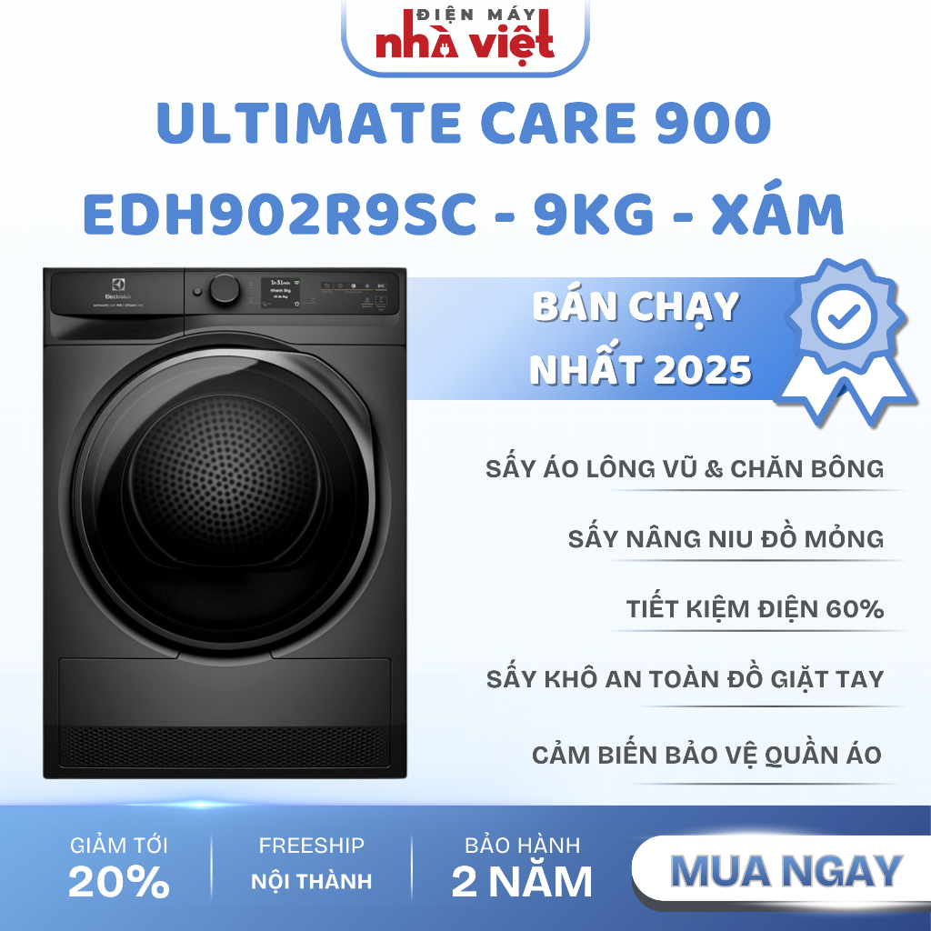 [EDH902R9SC] - Máy sấy quần áo Electrolux bơm nhiệt 9kg UltimateCare 900