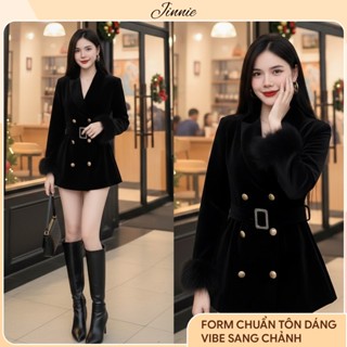  Áo khoác nhung phối lông cổ tay sang chảnh Áo khoác dáng váy cổ vest đính cúc vàng kèm đai thắt lưng tiểu thư dự tiệc 