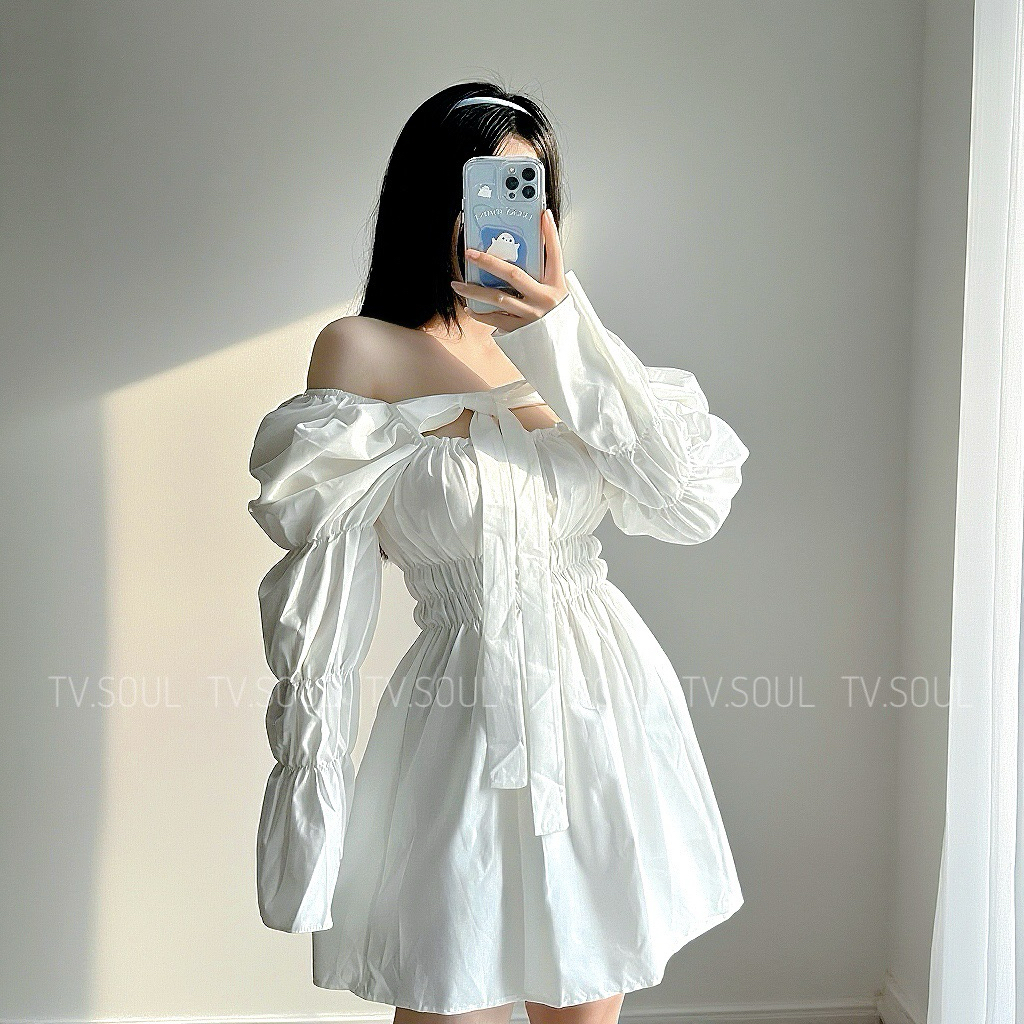 [SẴN, ẢNH THẬT] Đầm dáng xoè tay phồng dây nơ - Trắng / Đen