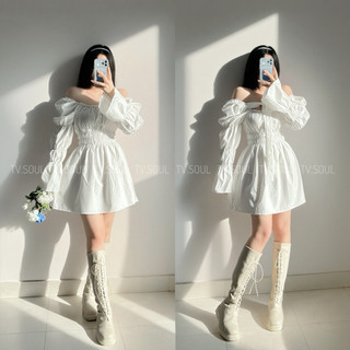 [SẴN, ẢNH THẬT] Đầm dáng xoè tay phồng dây nơ - Trắng / Đen