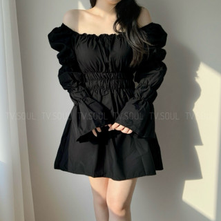 [SẴN, ẢNH THẬT] Đầm dáng xoè tay phồng dây nơ - Trắng / Đen