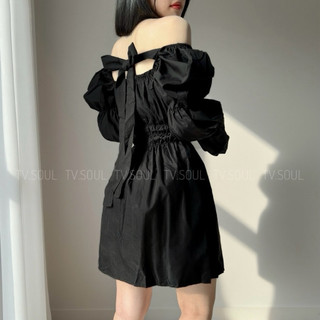 [SẴN, ẢNH THẬT] Đầm dáng xoè tay phồng dây nơ - Trắng / Đen
