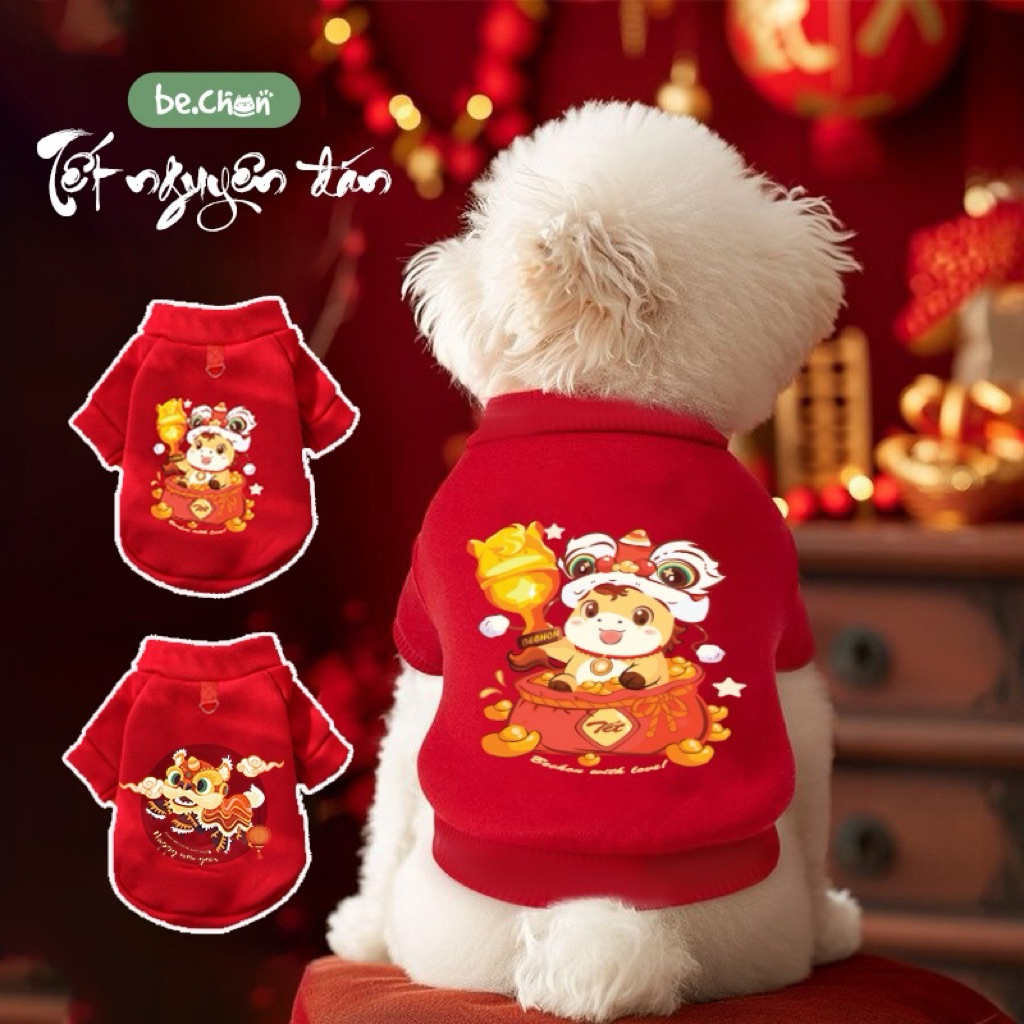Áo tết cho chó mèo, áo lân chó mèo đón tết, áo nỉ mùa thu đông cho chó mèo, áo chó mèo đón tết năm mới 2026 BECHON