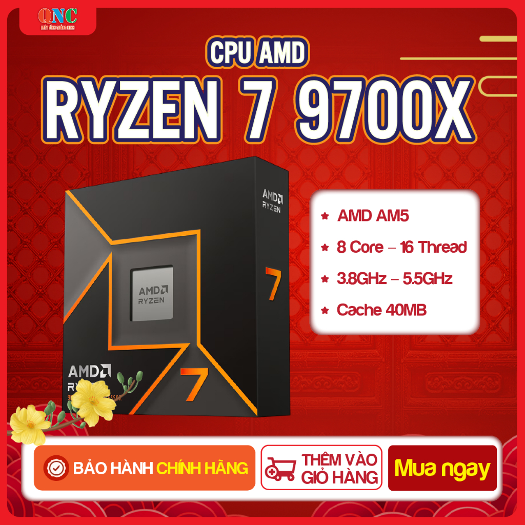 CPU AMD Ryzen 7 9700X | AM5 | 8 Nhân 16 Luồng | Boost 5.5GHz | Cache 40MB | Hàng Chính Hãng