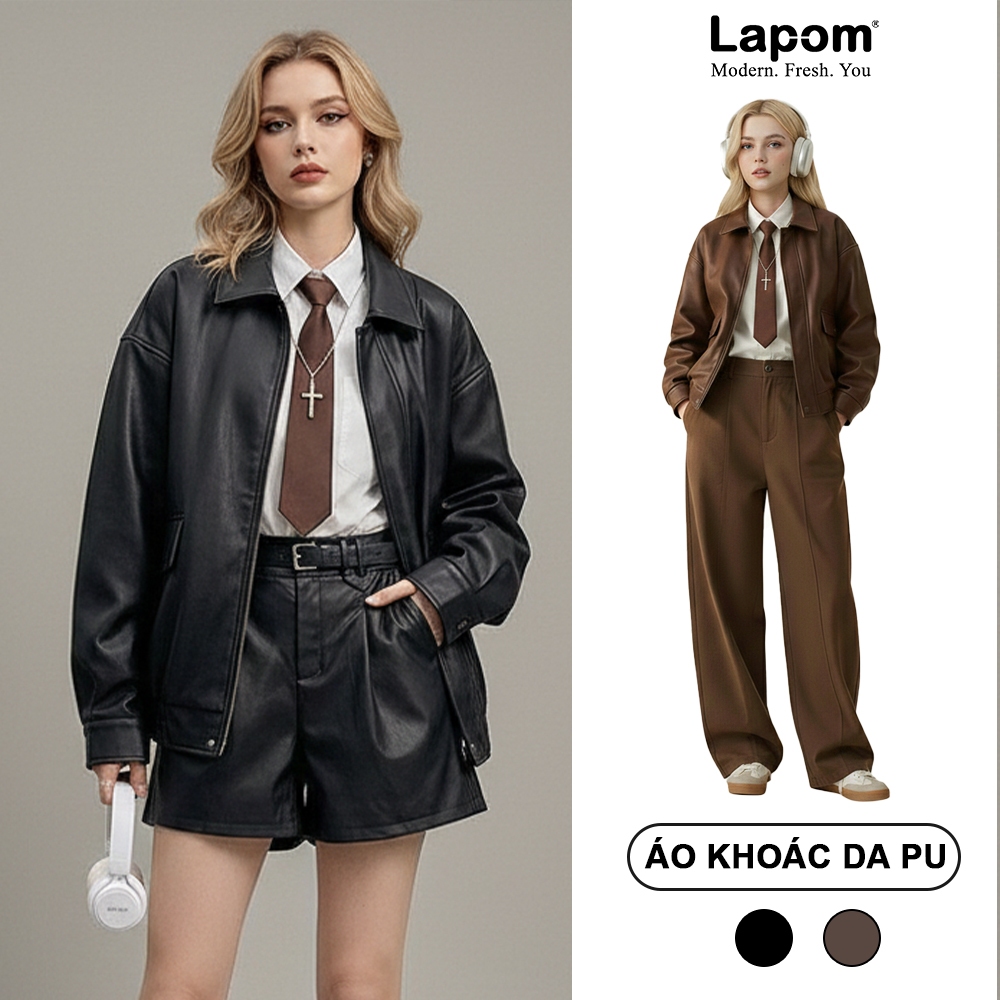Áo Khoác Da PU Cao Cấp |  Áo Khoác Da Trơn Nữ Form Rộng Khoá Kéo Dầy Dặn, Đứng Form A01