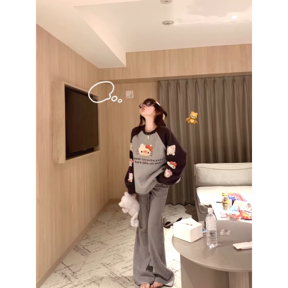 Set Bộ Nỉ Raglan Nữ Hello Kitty han2012 Áo Sweater Phối Tay Quần Suông Ống Rộng Hack Dáng Xưởng May 