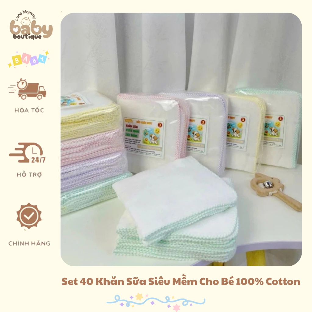 Set 40 Khăn Sữa Siêu Mềm Cho Bé 100% Cotton An Toàn Lành Tính Cho Bé Yêu