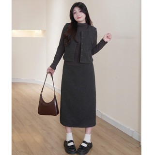   BIGSIZE 55-95KG  Set dạ 3 món BIGSIZE áo thun áo gile và chân váy M8691 - BOON BOON BIGSIZE 