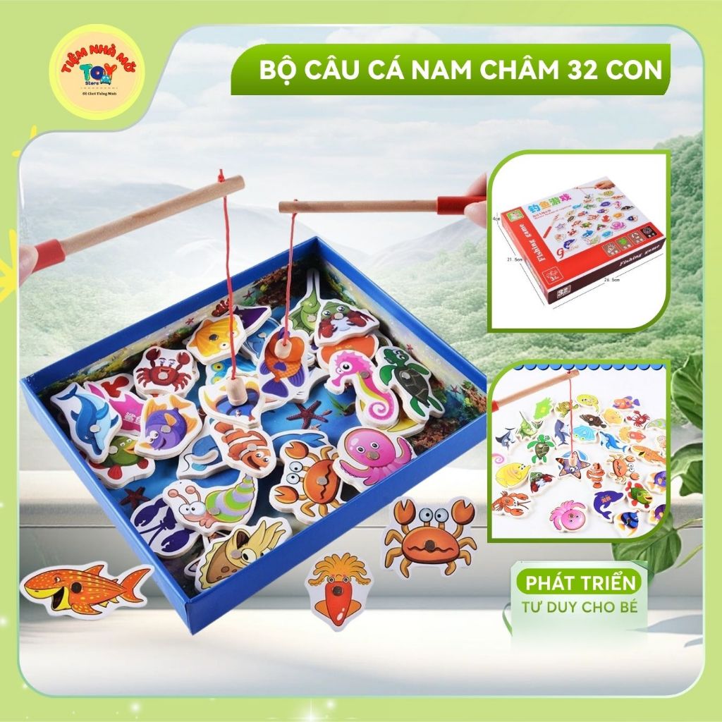Đồ chơi câu cá nam châm gỗ 32 con chi tiết cho bé