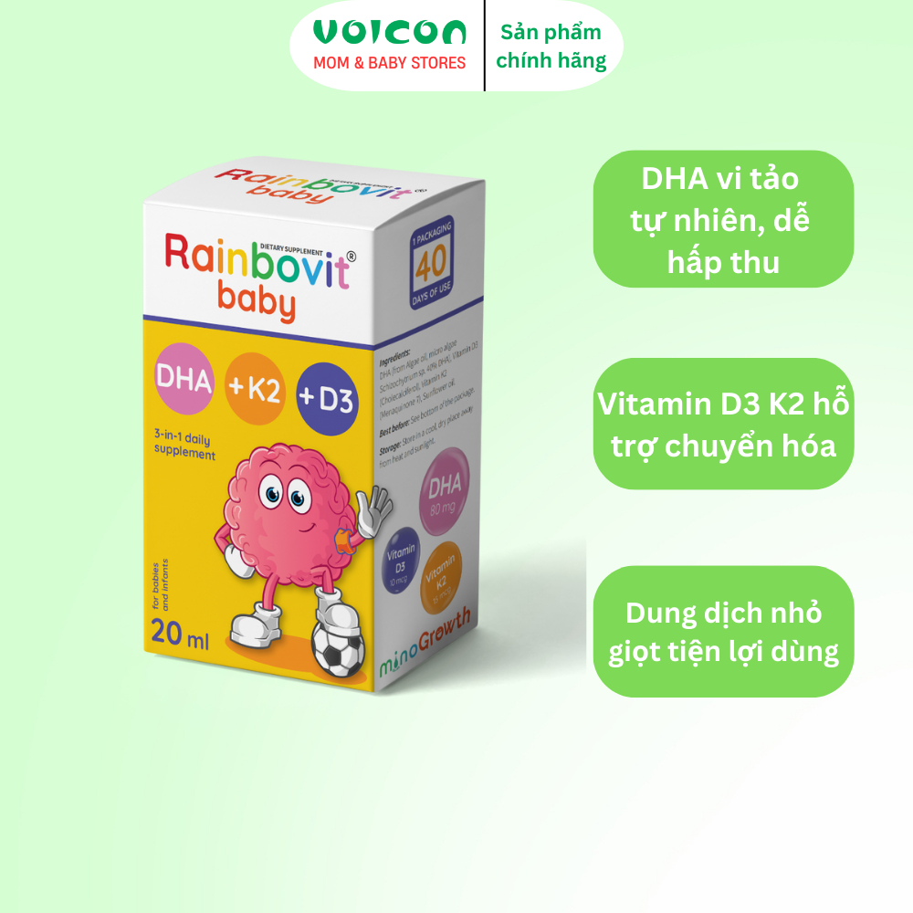 Rainbovit Baby DHA + K2 + D3 – bổ sung DHA từ vi tảo, vitamin D3 và K2, công thức dễ dùng