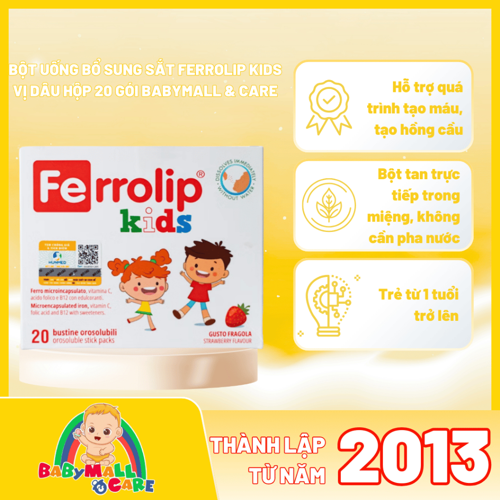 Bột Uống Bổ Sung Sắt Ferrolip Kids Vị Dâu Hộp 20 Gói Babymall & Care