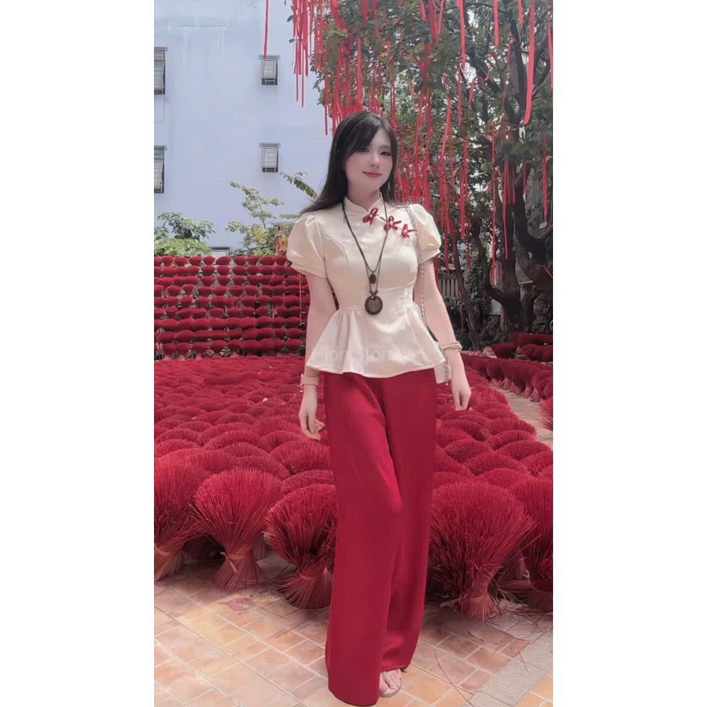 HION STORE - CÓ BIGSIZE Set áo gấm trắng 3 nơ tay phồng + quần suông đỏ S M L XL