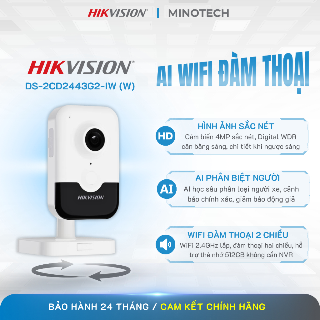 Camera WiFi Hikvision 4MP Trong Nhà DS-2CD2443G2-IW (W) | AI | Thẻ Nhớ | Không Cần Đầu Ghi