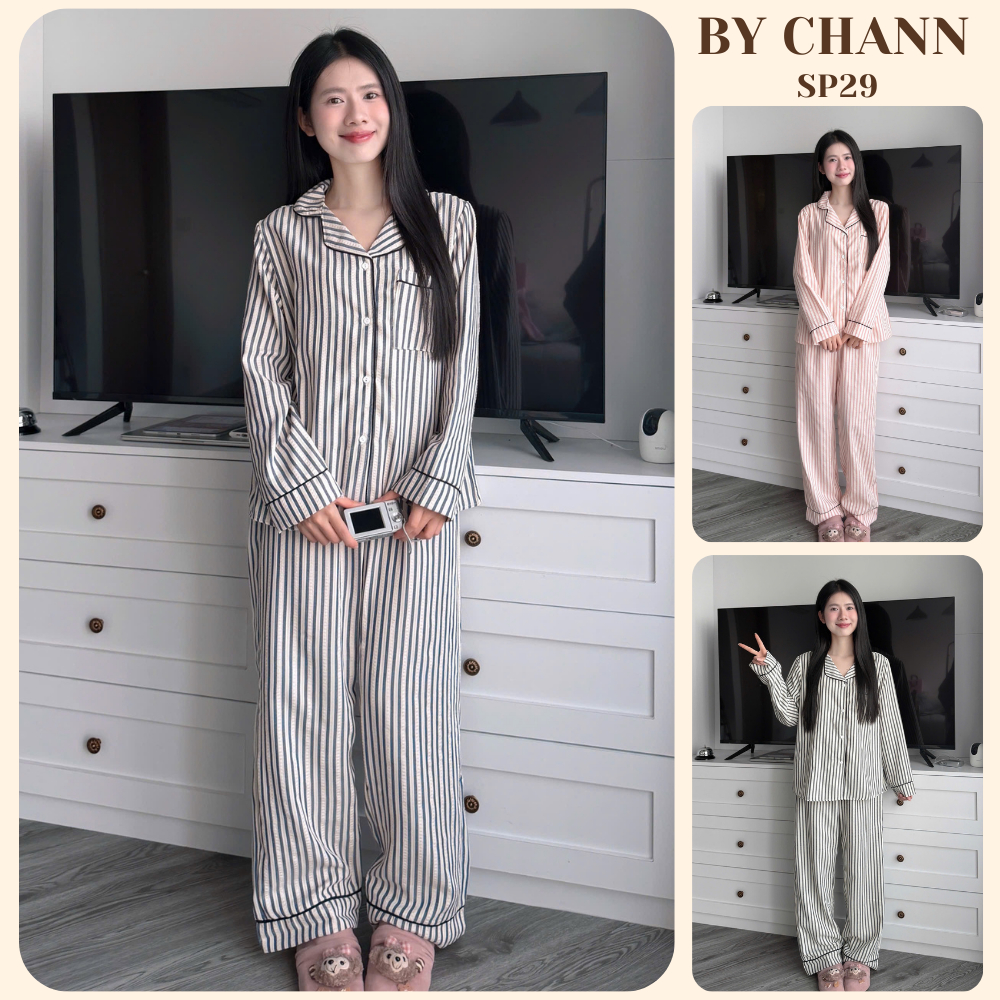 Bộ Đồ Ngủ BY CHANN (SP29) chất liệu đũi thô dày dặn họa tiết kẻ sọc áo dài quần dài (có bigsize 80kg
