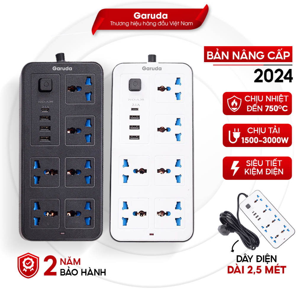 Ổ điện đa năng chính hãng GARUDA 3 cổng USB 15v sạc nhanh, 1 type c, chống cháy, ổ chịu tải 1500W đến 3000W, nhựa pp
