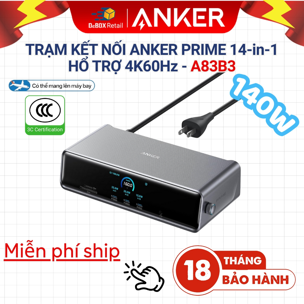 Trạm Kết Nối Sạc Nhanh ANKER Prime A83B3 (DL7400) 14-in-1 Hổ trợ ba màn hình 4K 60Hz, Quạt làm mát t