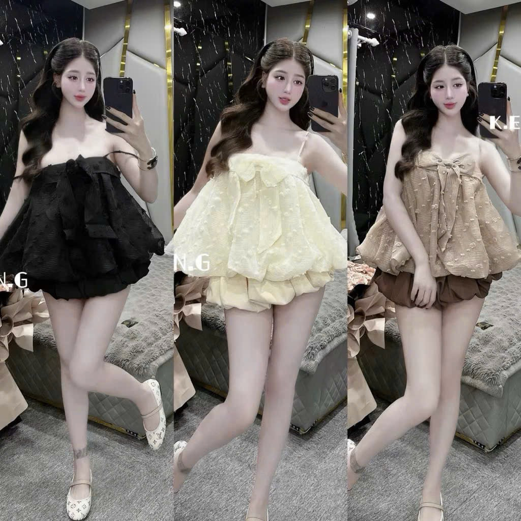 Set Tk Nữ 2 Dây Ren Hoa Bí Phồng Đính Nơ Quần Bí Ngắn Xinh Đi Chơi, Hẹn Hò