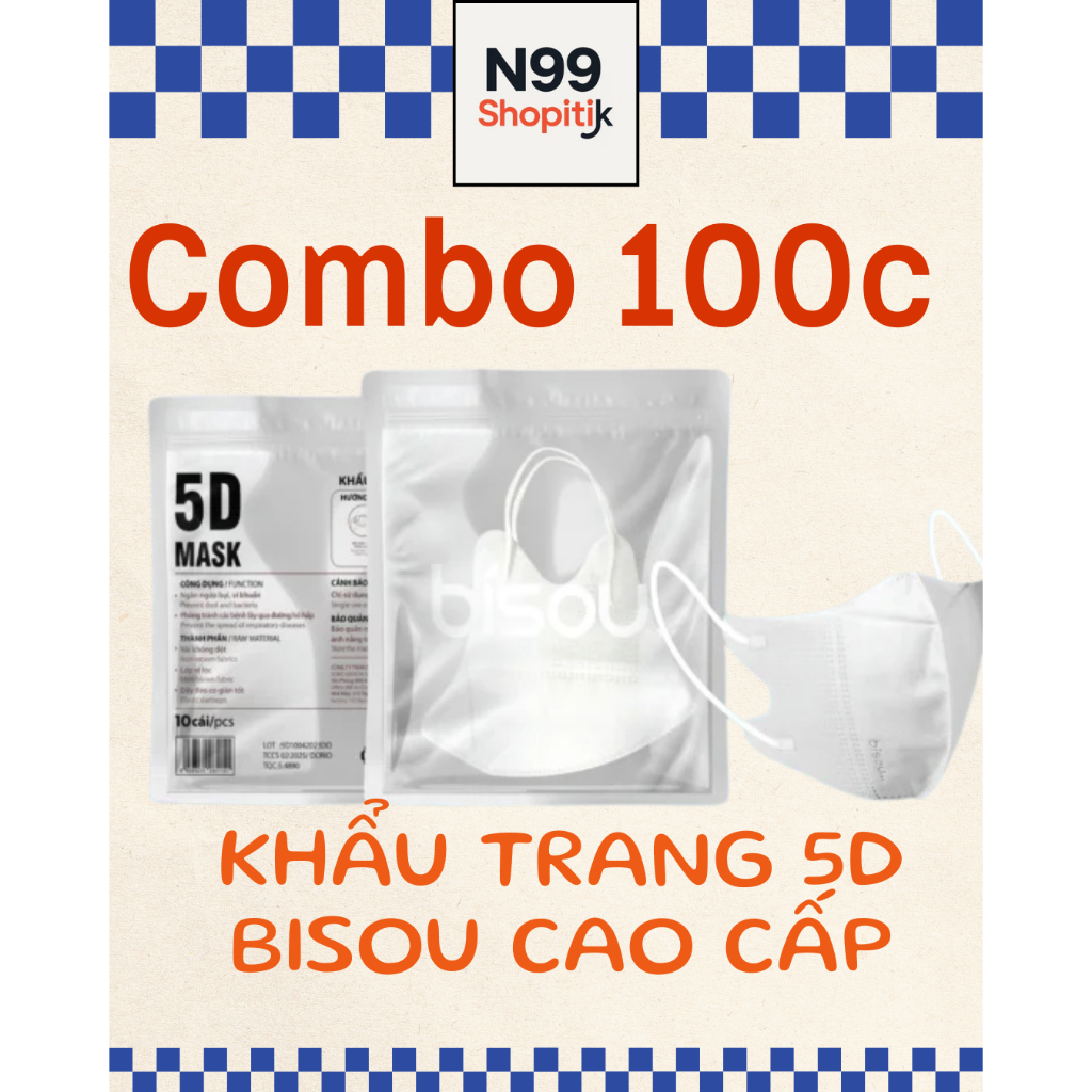 [Combo 100 Cái] Khẩu Trang 5D Bisou Dạng Túi Chứng nhận ISO 9001:2015 & ISO 13485:2016