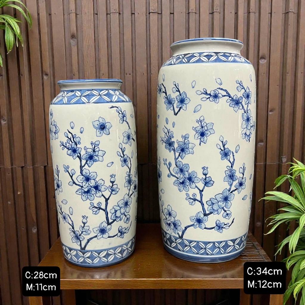 Lọ hoa - Bình gốm cắm hoa men lam vẽ hoa đào gốm sứ Bát Tràng