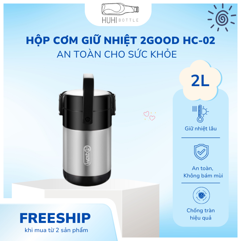 Hộp Cơm Giữ Nhiệt 2L 2GOOD HC-02 Inox | Dung Tích Lớn – Giữ Nhiệt Lâu – Chính Hãng