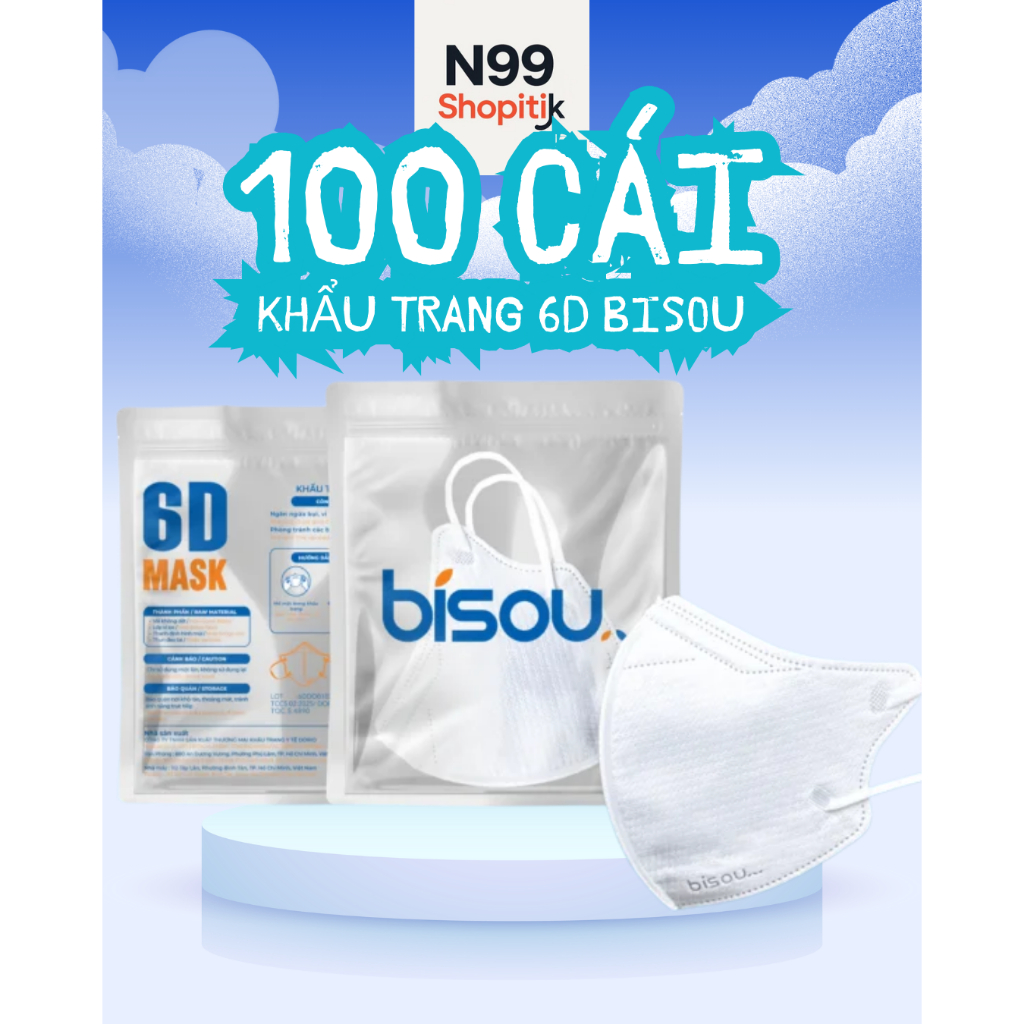 Combo 100c Khẩu trang 6D Bisou cao cấp lọc bụi BFE>98%