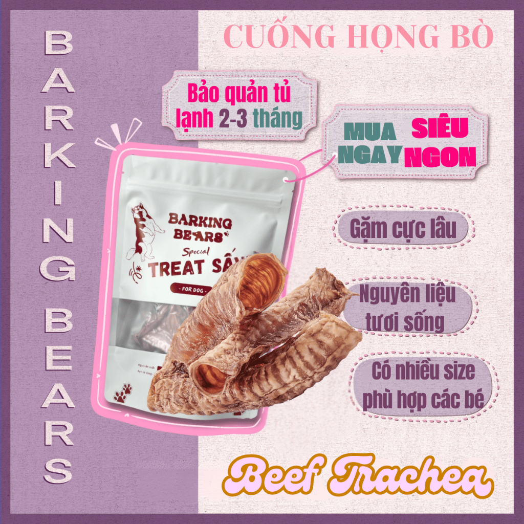 Cuống họng bò sấy Barking Bears cứng giòn cho chó bánh thưởng treat cho chó nhai hỗ trợ làm sạch răn