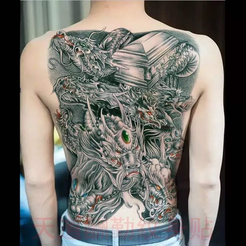 Hình xăm dán tạm thời Cửu Long Di Quan Kích Thước 340x480mm Không thấm nước Mực an toàn cho da Độ bề