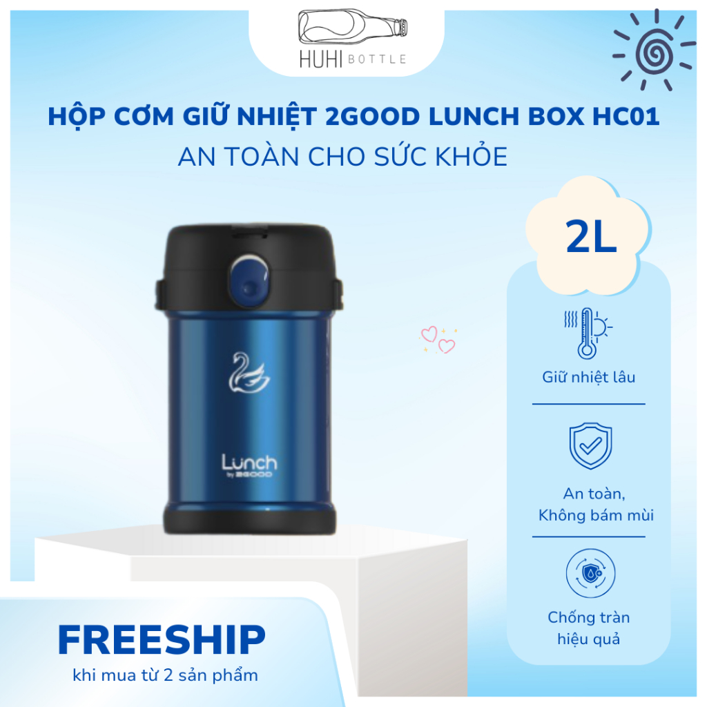 Bộ Hộp Cơm Giữ Nhiệt 2L 2GOOD HC01 Inox 304 | Kèm Muỗng Đũa – Dung Tích Lớn – Chính Hãng