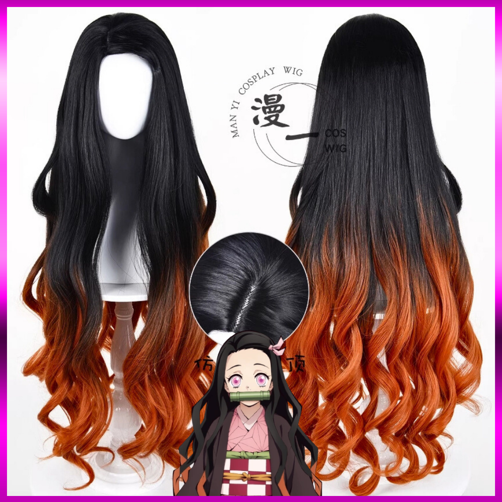Wig Nezuko Kamado tóc giả cosplay xoăn đen ombre cam kimetsu no yaiba demon slayer