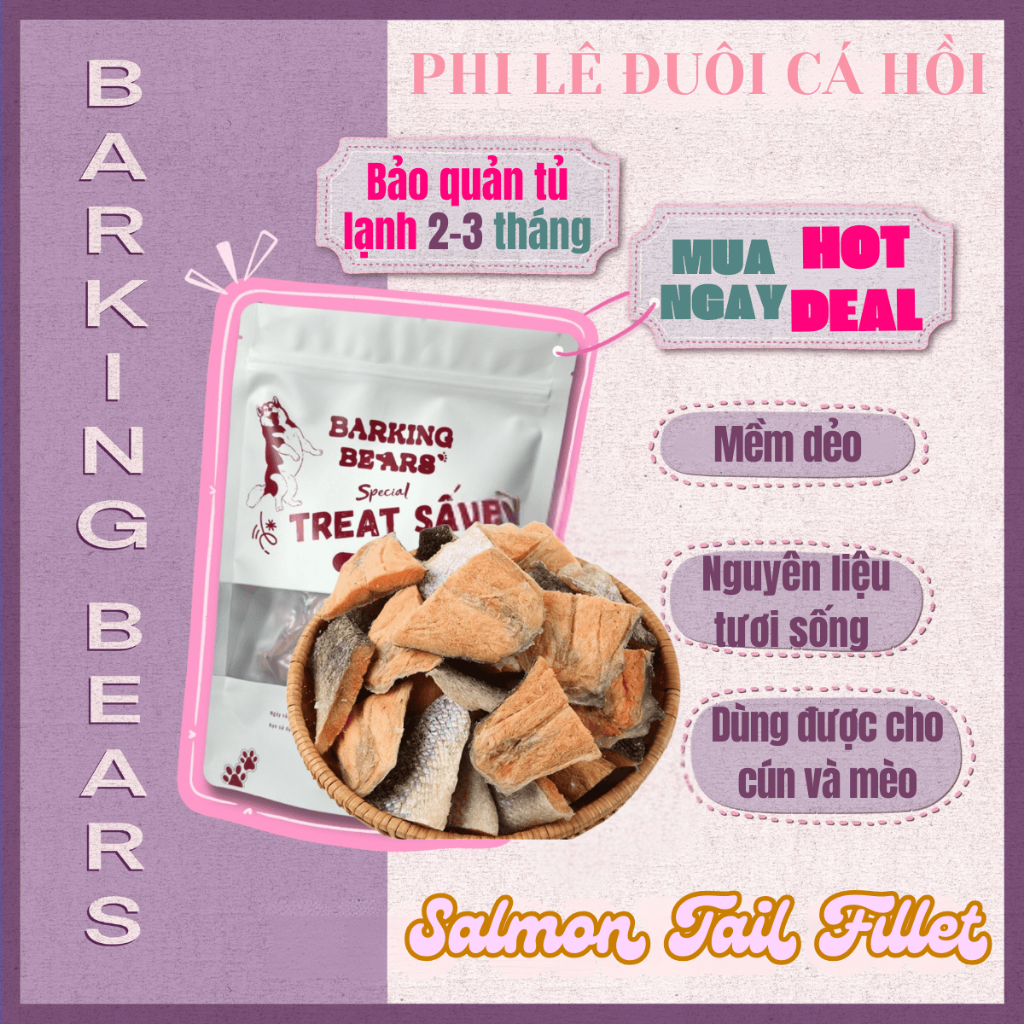 Phi Lê Đuôi Cá Hồi Sấy Cho Chó Mèo Barking Bears Giàu Omega 3 Lông Mượt Óng Ả