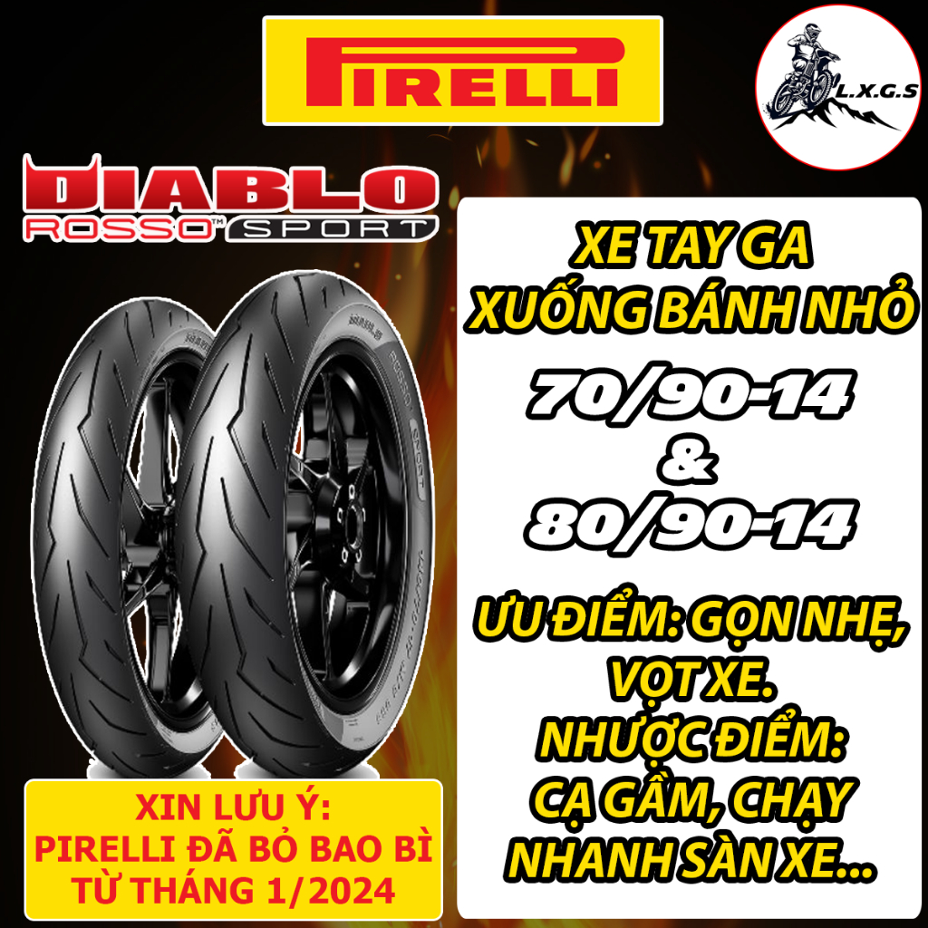 (Cặp 70/90-14 & 80/90-14 - ROSSO SPORT) Vỏ lốp xe PIRELLI ROSSO SPORT cho tay ga xuống bánh nhỏ